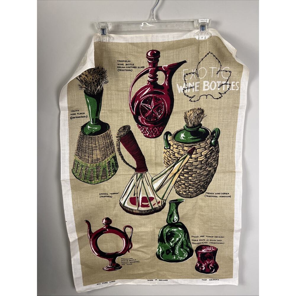 Vintage Irish Linen Tea‎ Towel Exotic Wine Bottles Cool Graphics